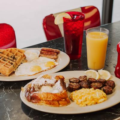 Breakfast dishes and drinks.