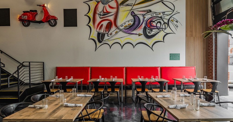 Interior, dining tables set up