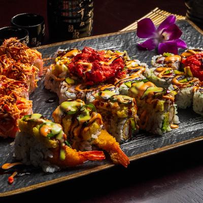 Assorted sushi rolls.