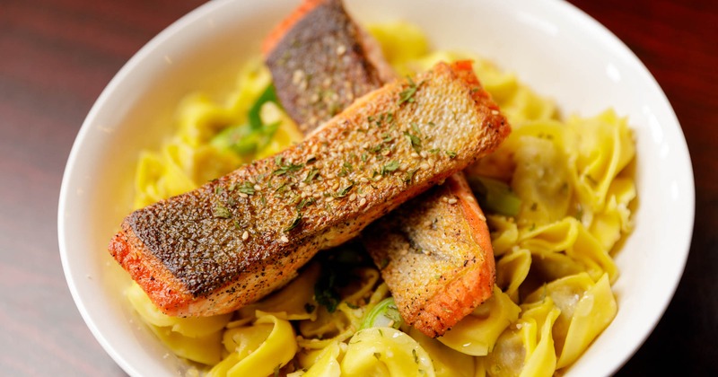 Grilled salmon and tortellini pasta