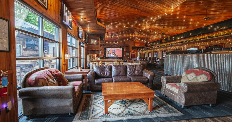 Interior, lounge area with leather sofas