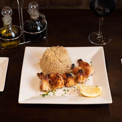 Grilled shrimp with rice.