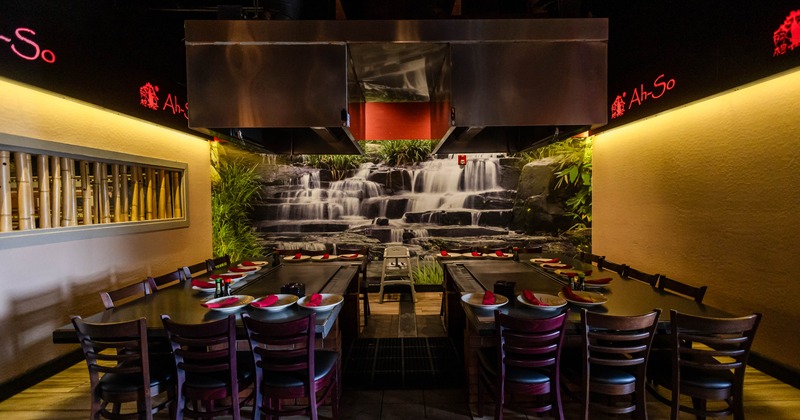 Interior, tables and chairs near wall with waterfall picture