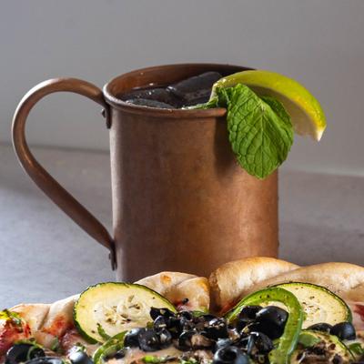 Irish Mule and Vegetarian pizza.