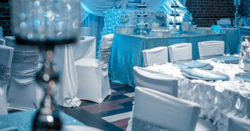 Restaurant interior, decorations, blue background