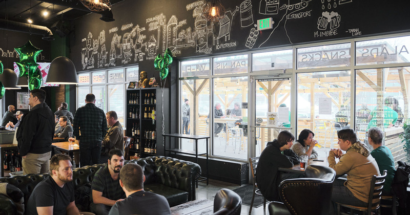 Interior, entrance view, guests having fun