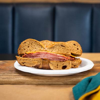 Ham and cheese bagel sandwich.