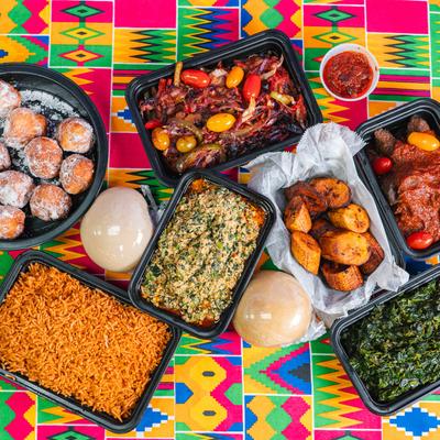 Different dishes on a colorful background, top view