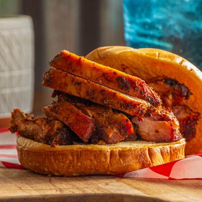 Sliced chicken sandwich.