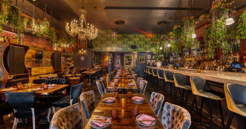 Interior, wide view to restaurant, bar, diner tables, booths