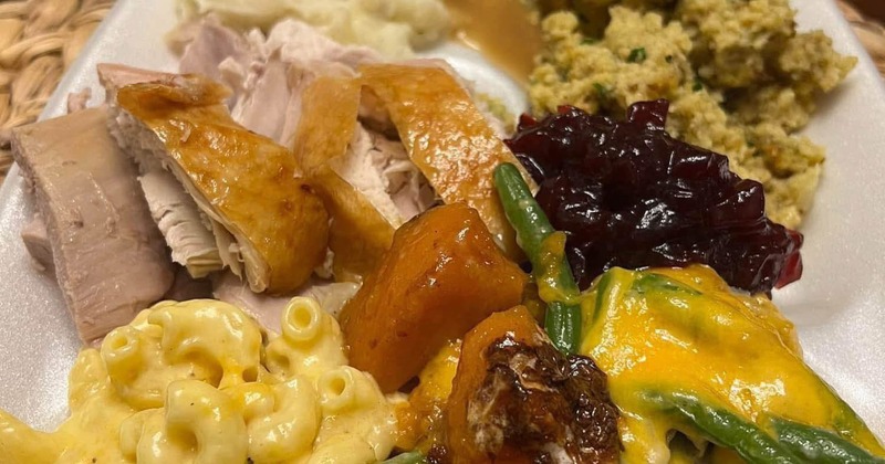 Thanksgiving-style plate with turkey and side dishes