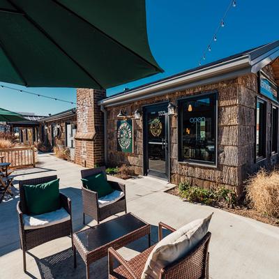 The exterior of the restaurant and patio.