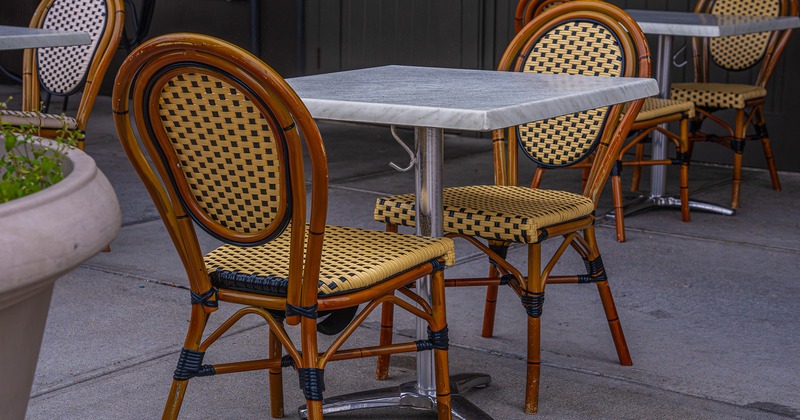 Outdoor seating area, table for two close-up