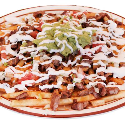 Asada Fries loaded with steak, melted cheese, guacamole, sour cream, and pico de gallo.