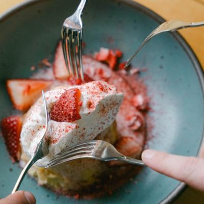 Strawberry soaked yellow cake dessert. At Table Asheville..