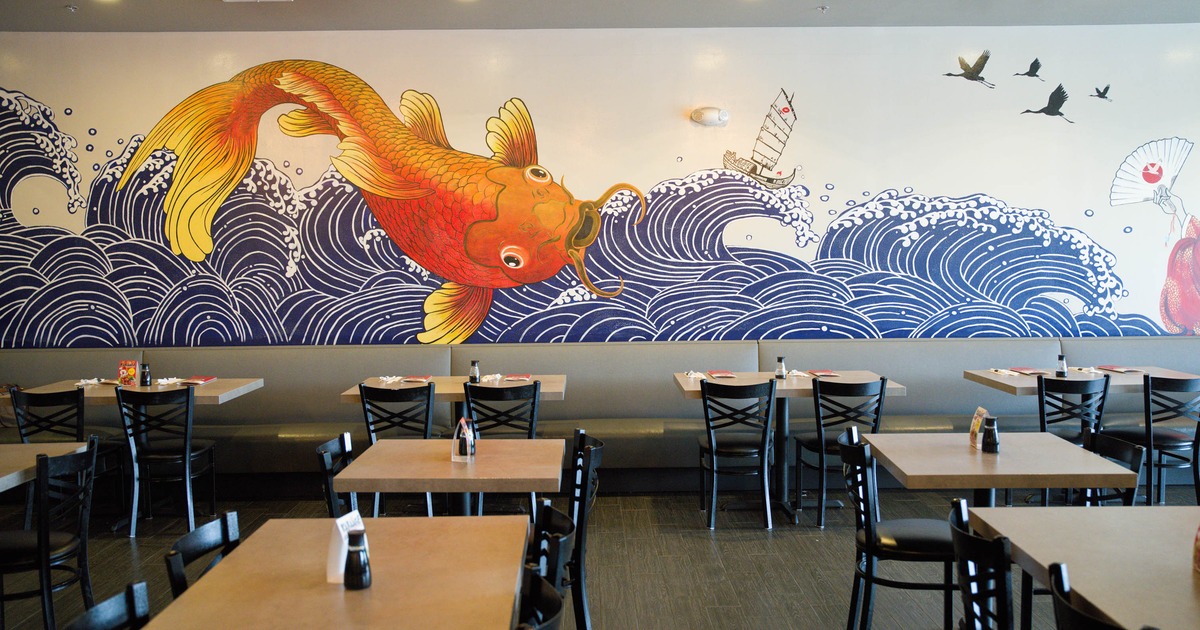 Interior, large mural, on the wall, banquette seating, tables, chairs