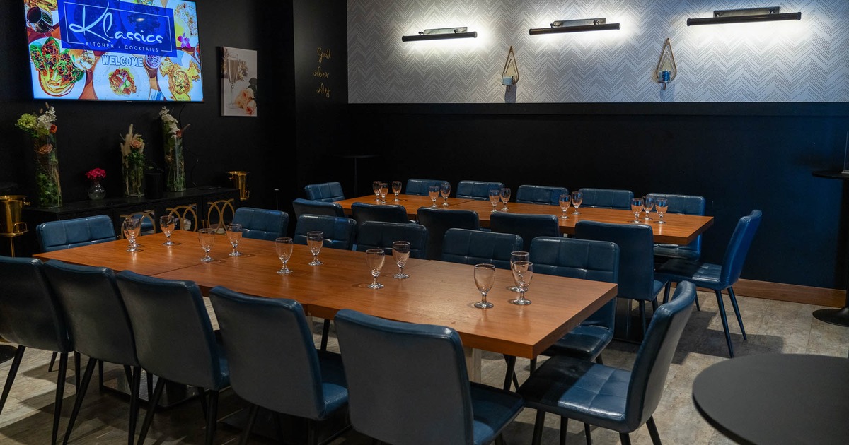 Interior, long tables with chairs