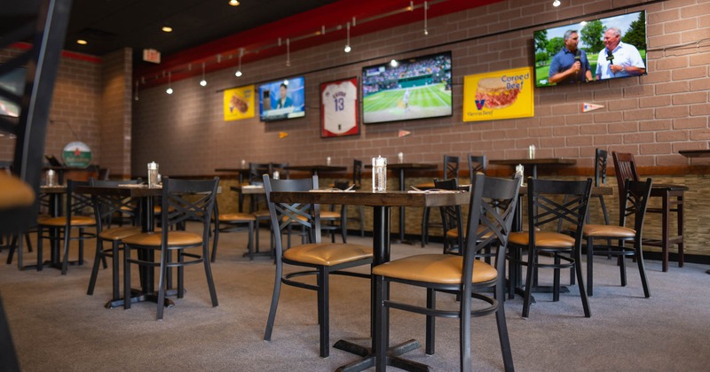 Interior, seating area with tables and chairs