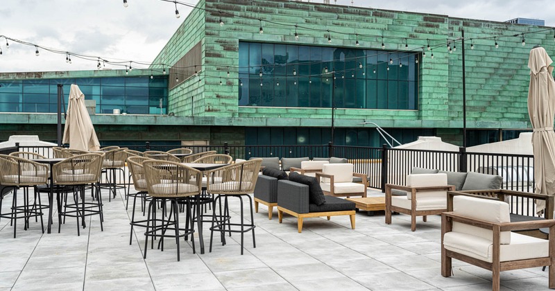 Exterior, terrace, uncovered seating area, lounge and high seating, lantern decoration