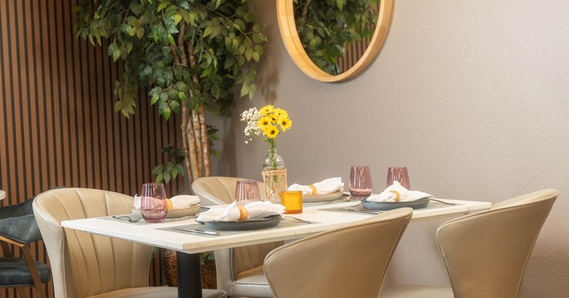 Interior, dining area, marble top table for four, ready for guests, plant decoration