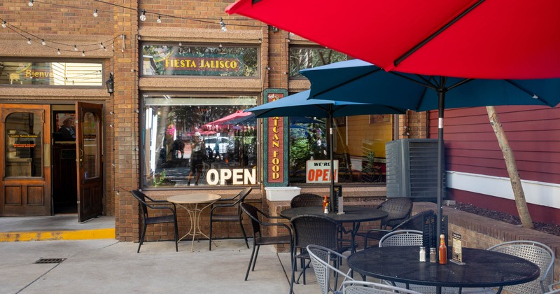 Exterior, chairs, tables and parasols