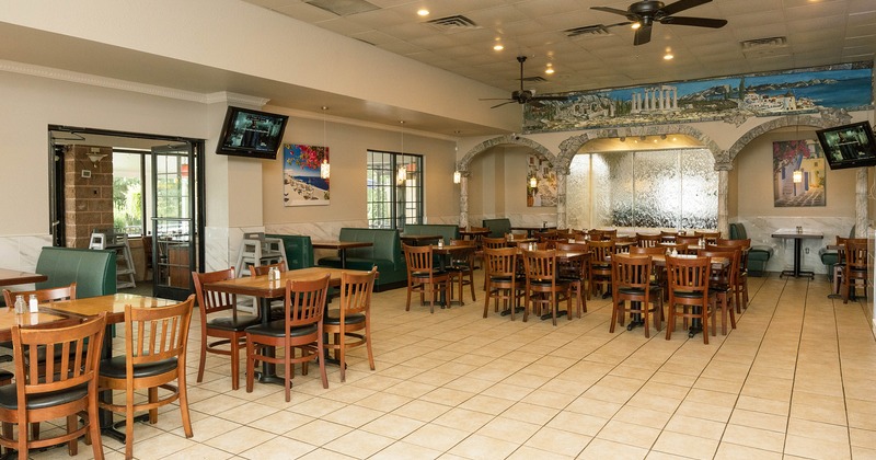 Restaurant interior, dining area with a beautiful fountain