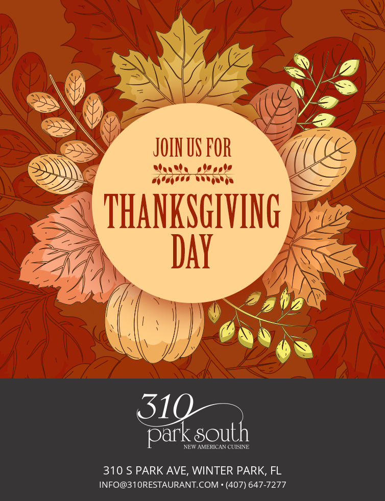 A thanksgiving day flyer to promote making reservations at the restaurant.  A animated type of flyer with fall leaves