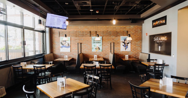 Interior, dining area, booth area in the back