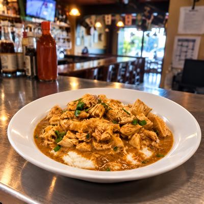 A bowl of creamy curry with herbs on the pub counter..