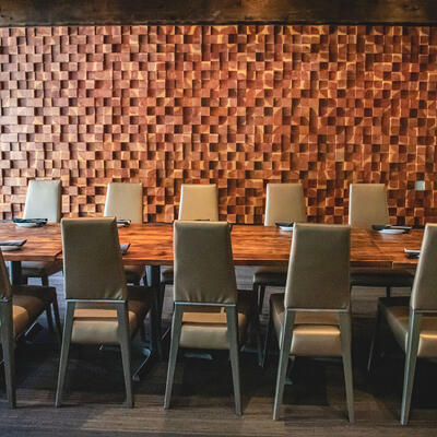 Restaurant interior, big table ready for guests