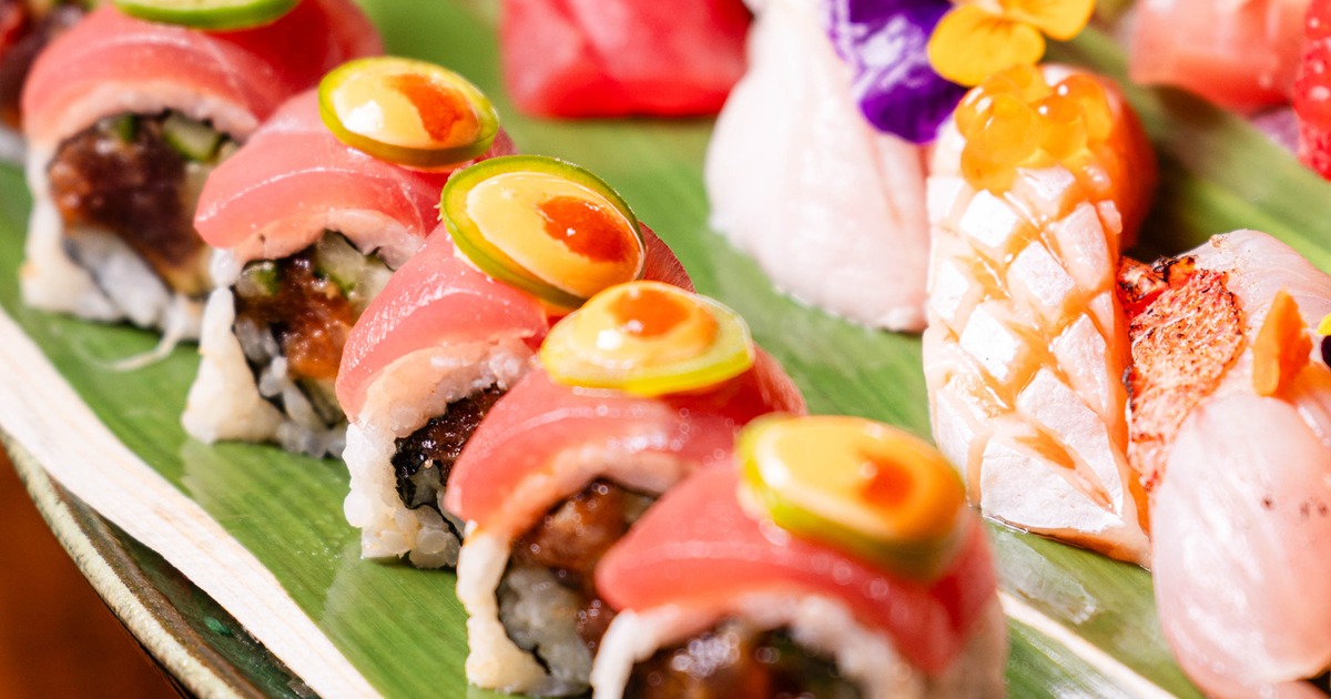Close-up of colorful sushi rolls on a platter