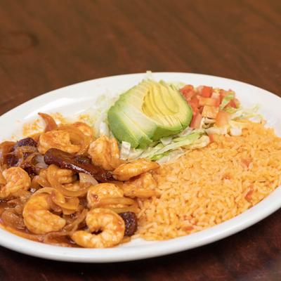 Grilled shrimp sauteed with onions and chipotle peppers, with rice, lettuce, tomato, and avocado.
