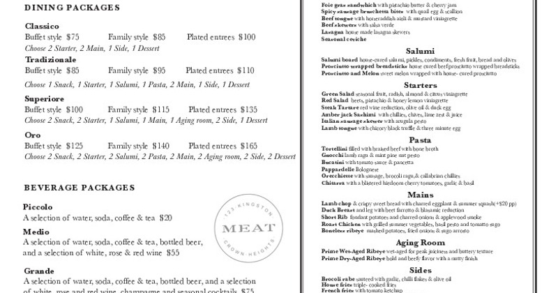 A menu highlighting dining and beverage packages with prices
