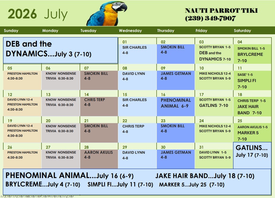 Tiki Hut Events Calendar 