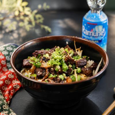 A savory beef rice bowl topped with green onions in bowl.