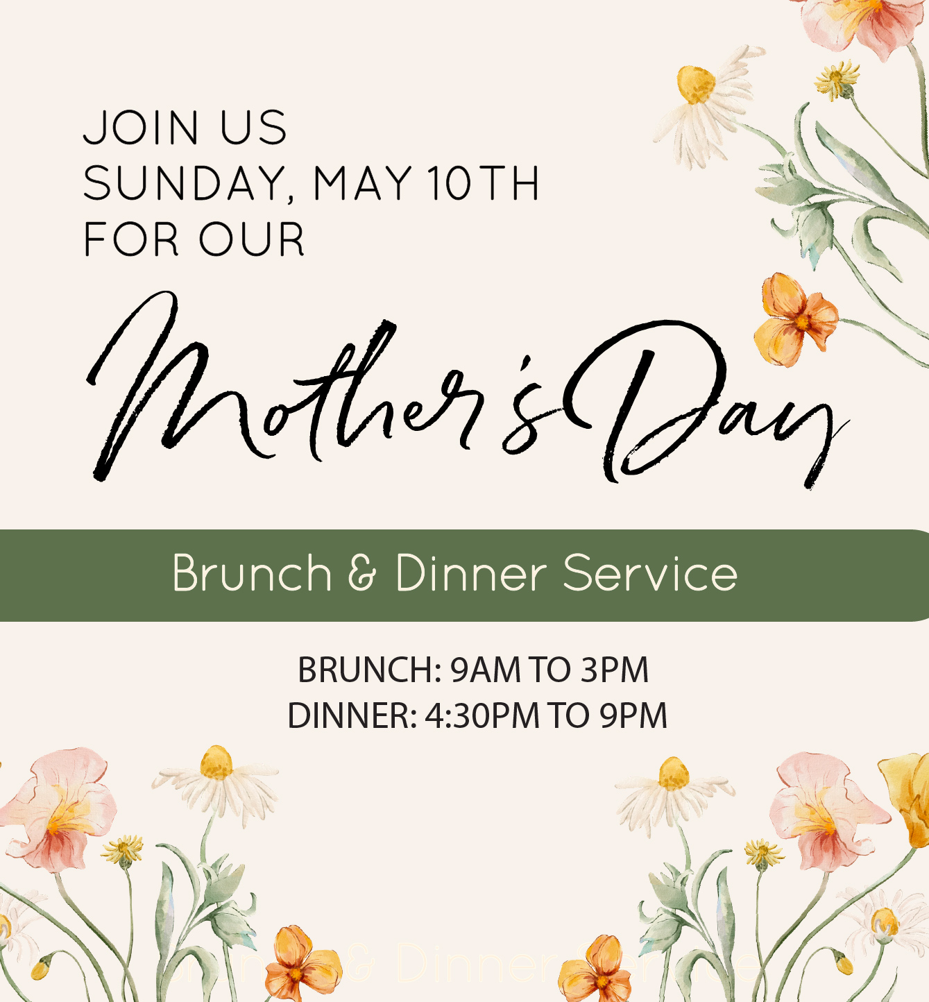 Image with text, Mother's Day lunch & Dinner