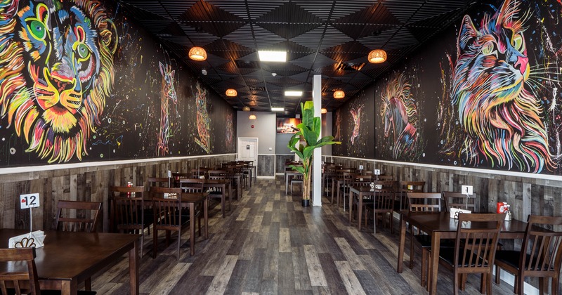 Interior, seating area with tables and chairs