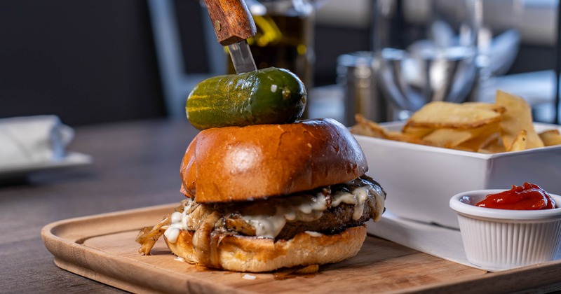 Chef's Burger with a side of fries