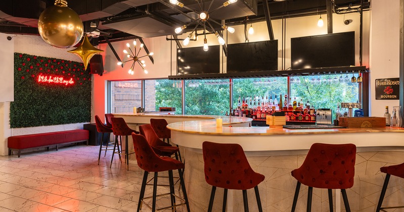 Interior, tables set for guests