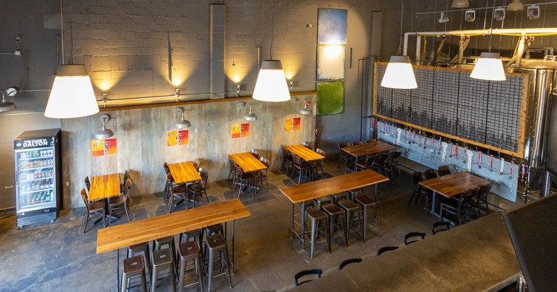 Bar area, tables and chairs, view from gallery