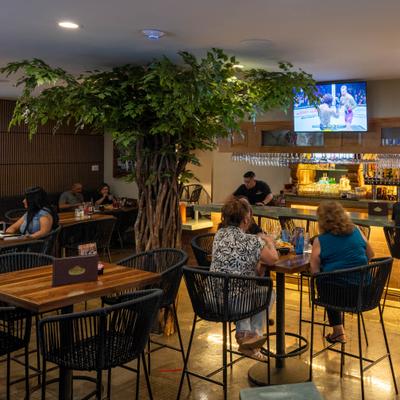 Interior of a restaurant featuring a large decorative tree  and contemporary seating.