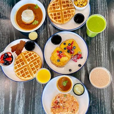 Assorted dishes and drinks, top view