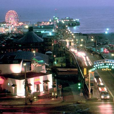 A picture from the top of a nearby hotel showing The Lobster and the Santa Monica Pier at night..