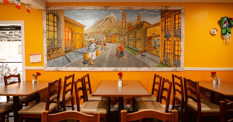 Interior, dining area, painting on the wall