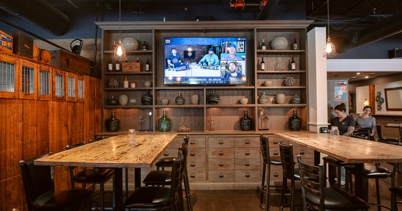 Diner tables, chairs, rack, tv screen