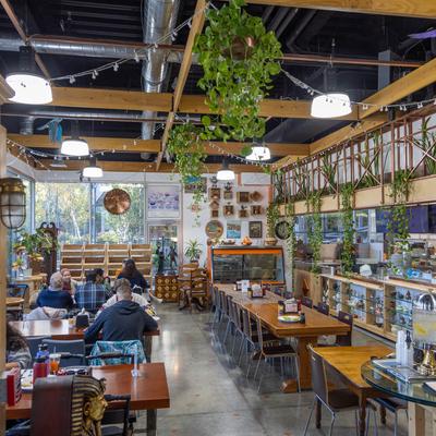 The restaurant's interior, tables, chairs, decorations.