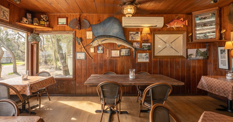 Interior, seating area, swordfish as decor on the wall
