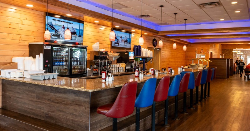 Interior, bar area, bar and bar stools