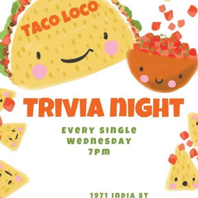 Taco Loco Trivia Night flyer with cartoon taco and salsa illustrations.