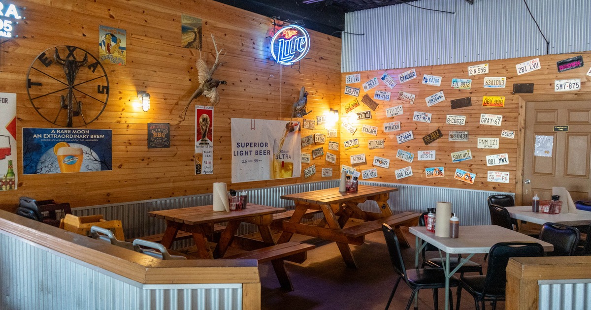 Interior, seating area with various wall decorations
